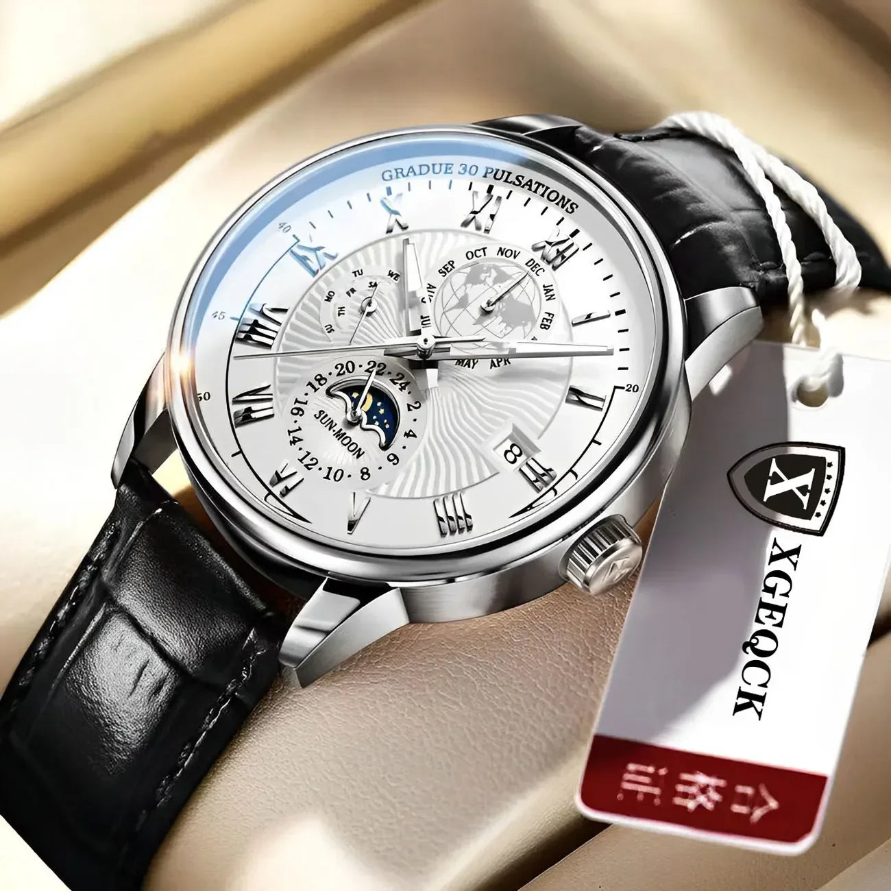 Luxury Sports Watch, Water Resistant, Luminous, Leather, with Date and Quartz Movement.