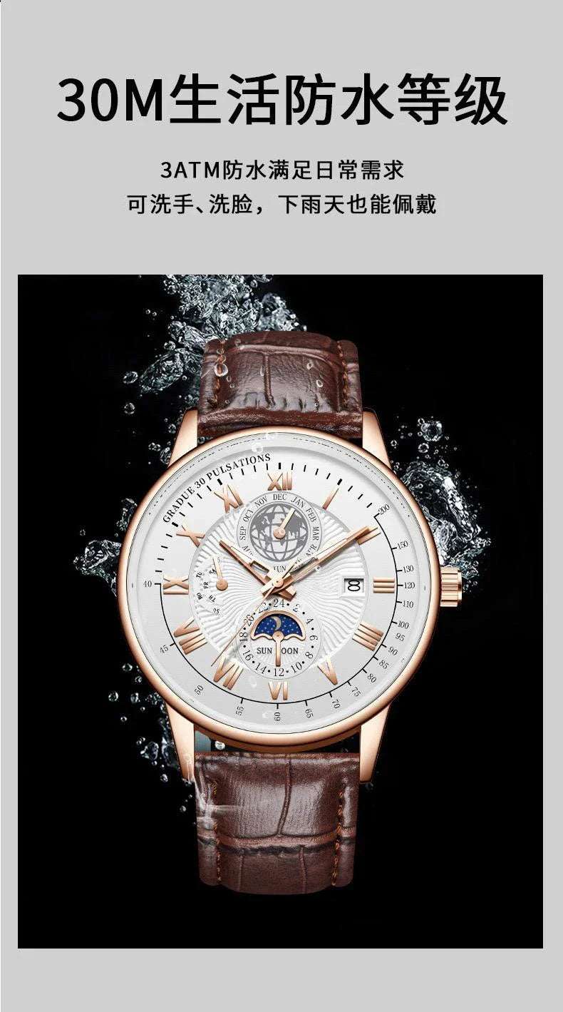 Luxury Sports Watch, Water Resistant, Luminous, Leather, with Date and Quartz Movement.