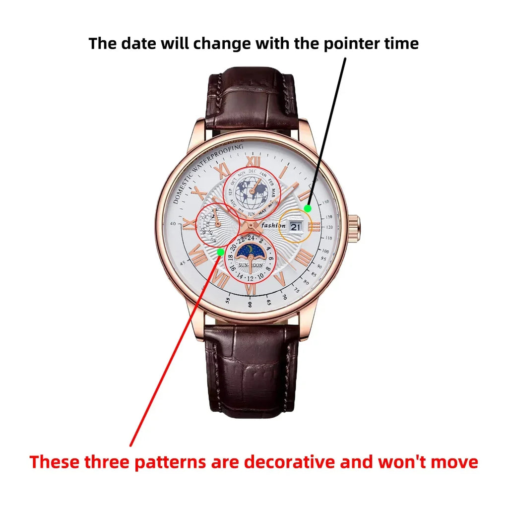 Luxury Sports Watch, Water Resistant, Luminous, Leather, with Date and Quartz Movement.
