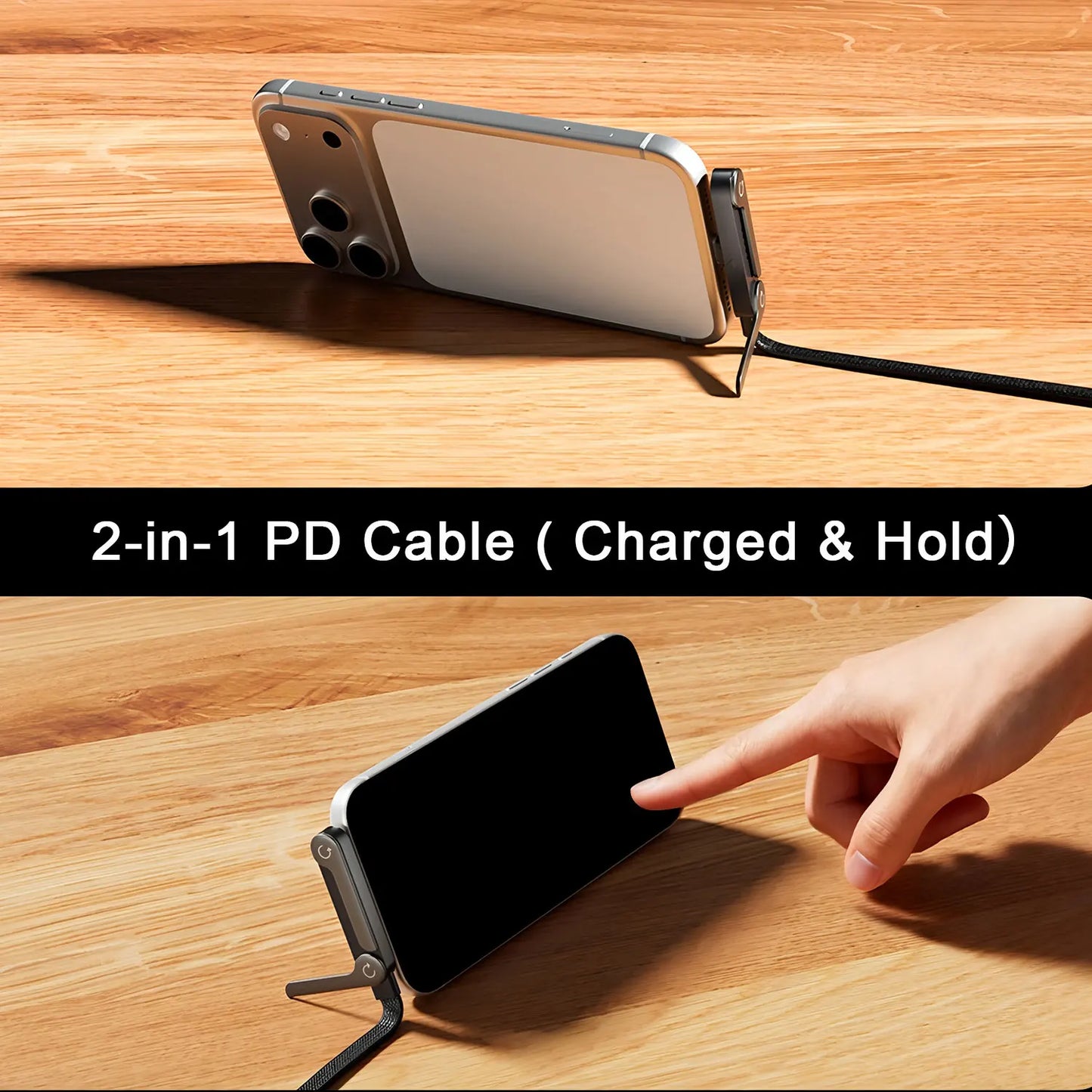240W 2-in-1 Stand Charging Cable | Phone Holder Integrated | Fast Charge for iPhone 15-17/Huawei/Samsung/Xiaomi