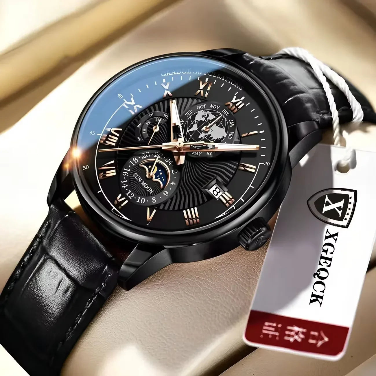 Luxury Sports Watch, Water Resistant, Luminous, Leather, with Date and Quartz Movement.