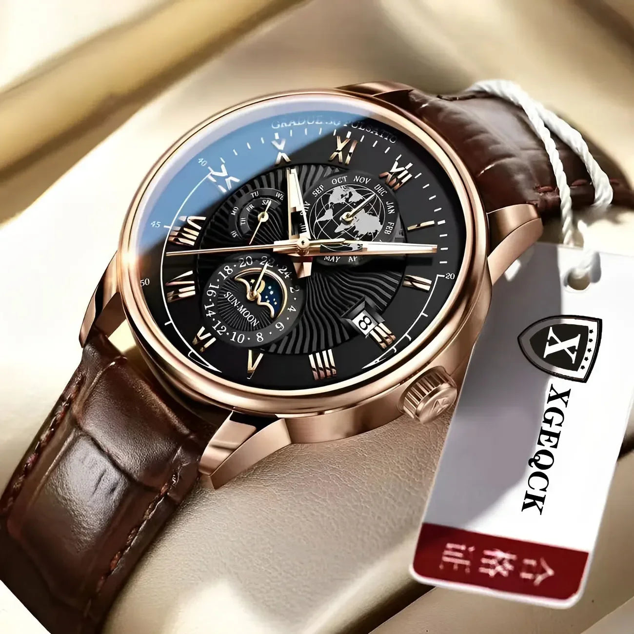 Luxury Sports Watch, Water Resistant, Luminous, Leather, with Date and Quartz Movement.