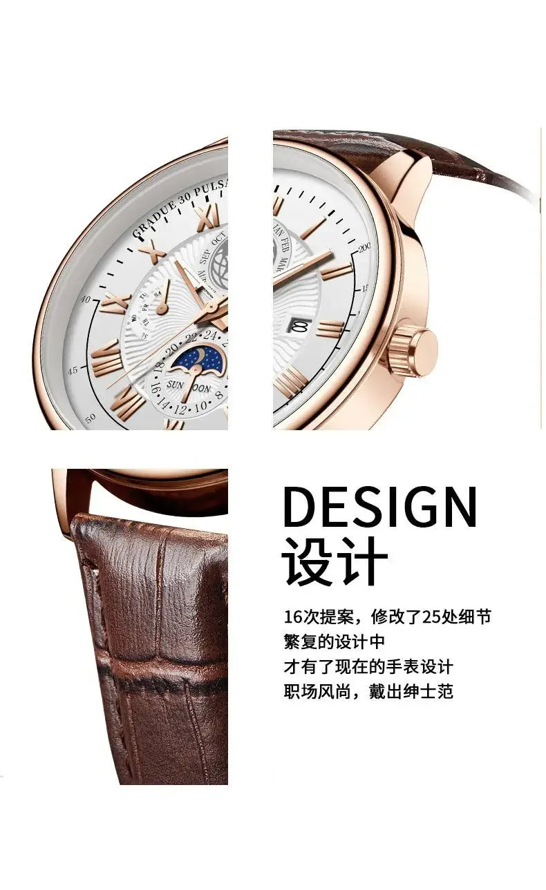 Luxury Sports Watch, Water Resistant, Luminous, Leather, with Date and Quartz Movement.