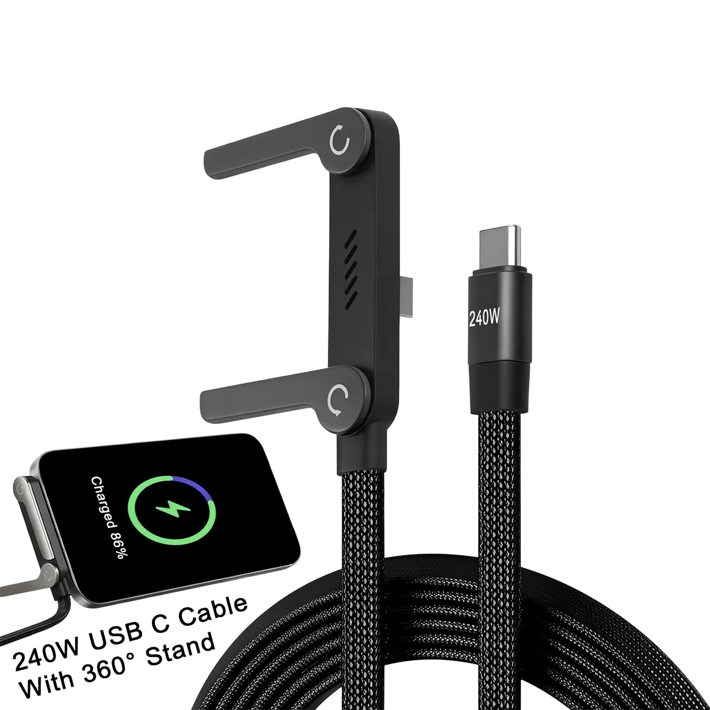 240W 2-in-1 Stand Charging Cable | Phone Holder Integrated | Fast Charge for iPhone 15-17/Huawei/Samsung/Xiaomi