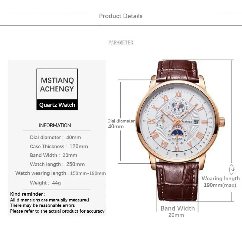 Luxury Sports Watch, Water Resistant, Luminous, Leather, with Date and Quartz Movement.