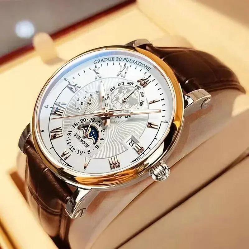 Luxury Sports Watch, Water Resistant, Luminous, Leather, with Date and Quartz Movement.